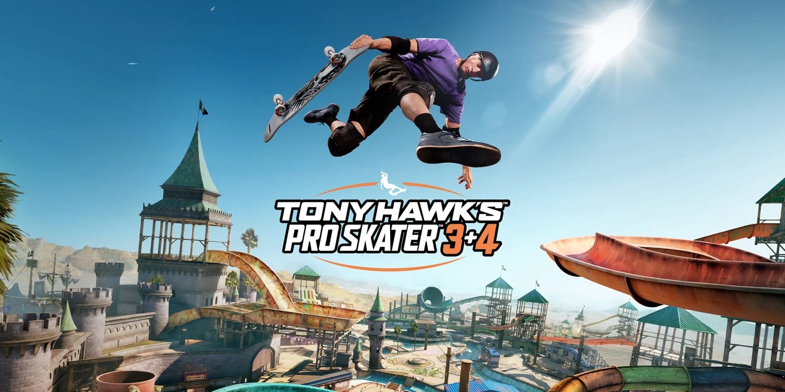 A promotional image for Tony Hawk's Pro Skater 3+4, featuring Tony Hawk performing a skateboard trick.