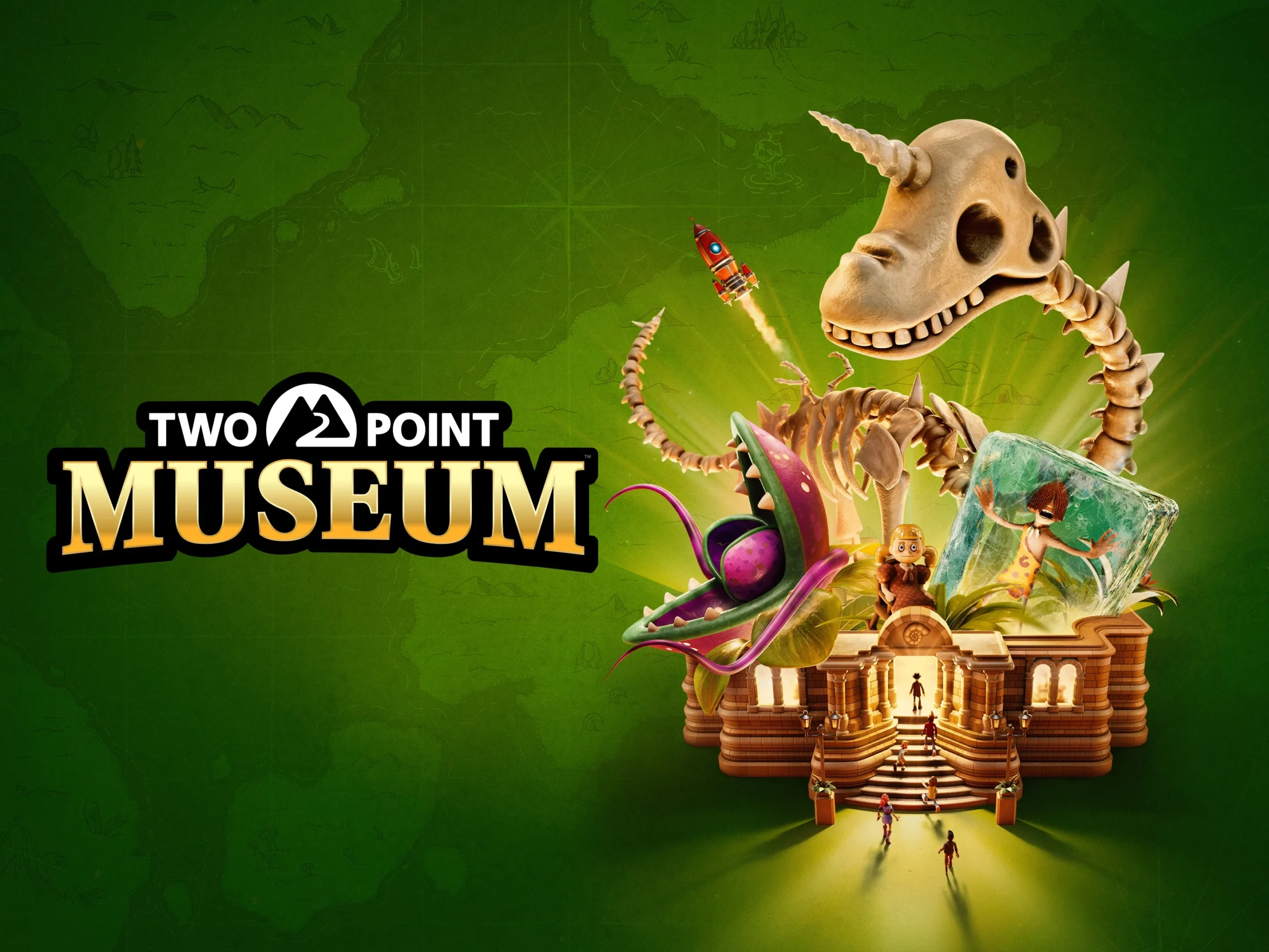 A vibrant promotional image for Two Point Museum, featuring a stylized museum building and various exhibits like a dinosaur skeleton.