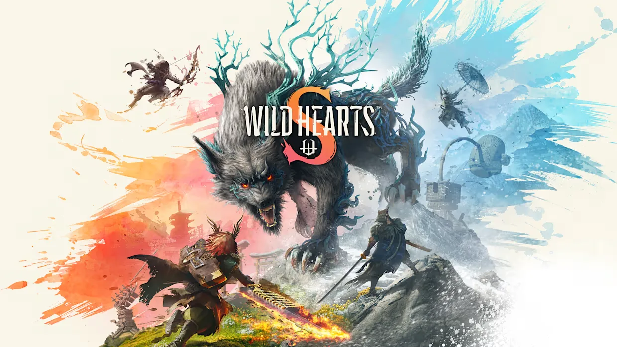 The key art for Wild Hearts S, with a colossal, grey, wolf-like monster with glowing red eyes and antlers at the center, flanked by human hunters in dynamic poses, all within a fantastical landscape split by a vibrant color gradient.