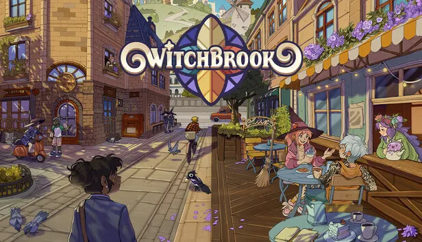 Promotional art for the game Witchbrook, showing a vibrant, stylized town square with various characters and buildings.