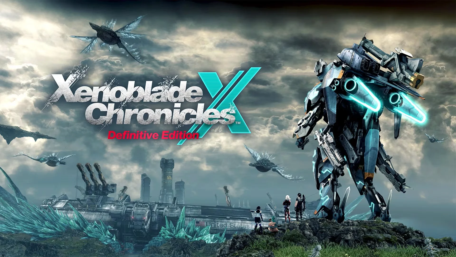 A futuristic promotional image for Xenoblade Chronicles X: Definitive Edition, featuring a large mech and flying creatures.