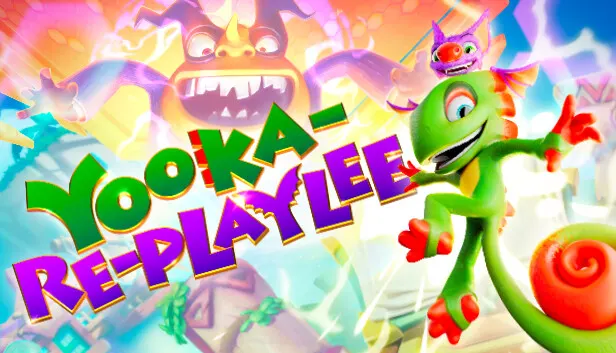 The key art for Yooka Replaylee, showing the chameleon Yooka and the bat Laylee, with Yooka striking a dynamic pose, set against a bright, colorful, and energetic background of abstract shapes and light.